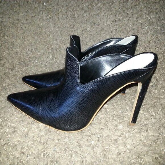 AGAIN&AGAIN-Stiletto Mules-Black Leather-Snakeskin Pattern-Sz 37-6.5US-NEAR MINT - Picture 2 of 7